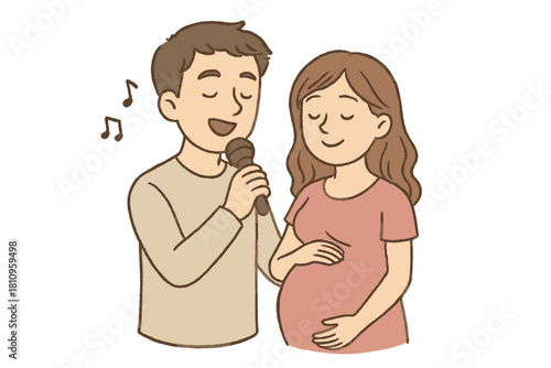 Happy couple singing together with pregnant wife holding belly