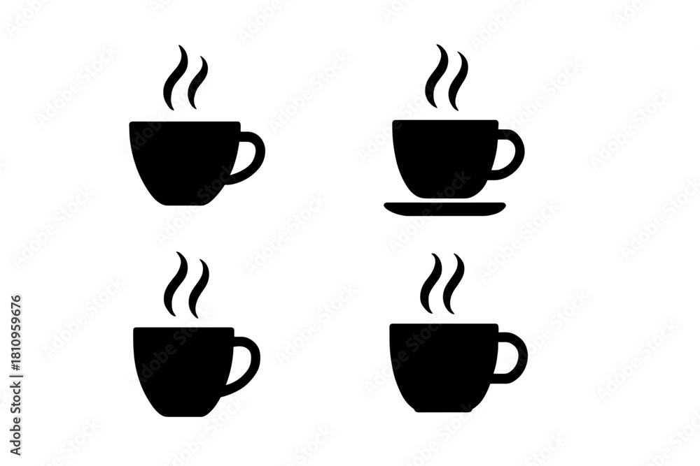Obraz premium Four steaming hot beverage cup icons in black silhouette style
