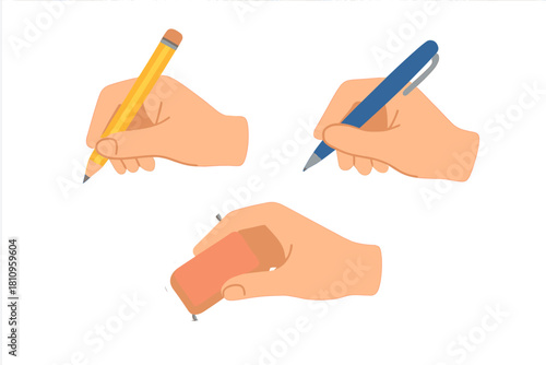 Collection of hands demonstrating holding writing and erasing tools