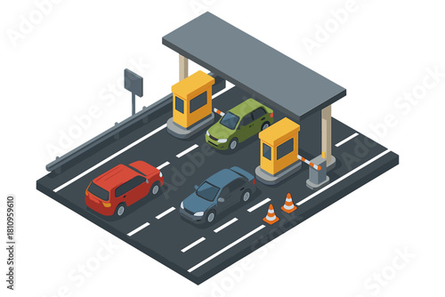 Cars queuing at highway toll gate booths in isometric view