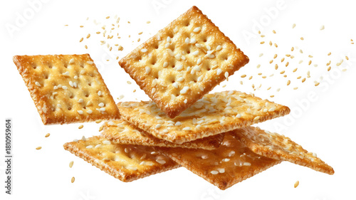 Crispy sesame crackers falling in dynamic arrangement showing detailed texture and golden baked surface isolated on white background