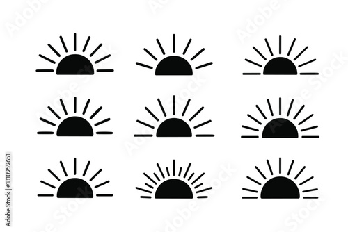 Nine minimalist icons of a rising sun with radiating lines