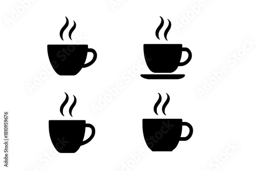 Four steaming hot beverage cup icons in black silhouette style