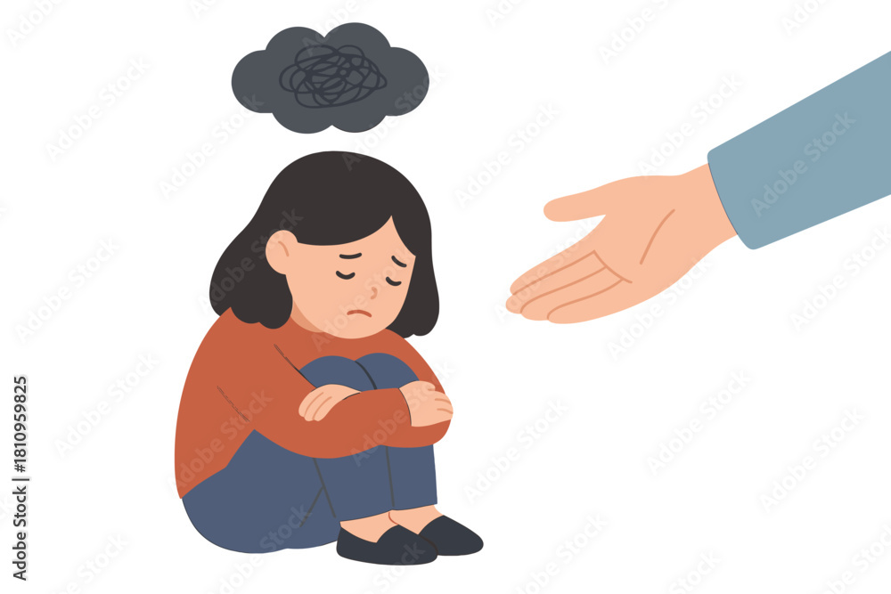 Fototapeta premium Lonely child receiving helping hand gesture with dark thought cloud