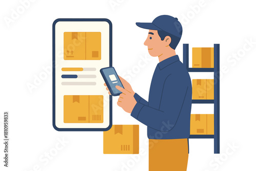 Delivery worker scanning package inventory using mobile device near warehouse shelves