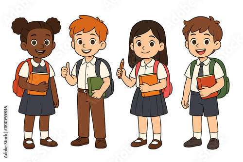 Group of happy diverse elementary school children wearing uniforms and backpacks
