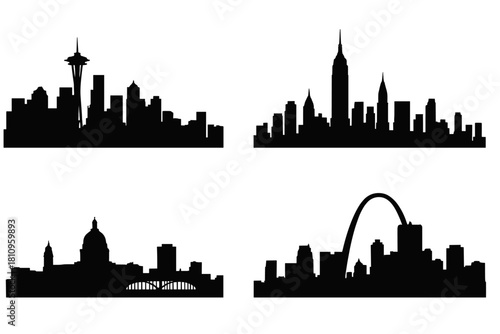 Collection of four major American city skyline silhouettes in black and white