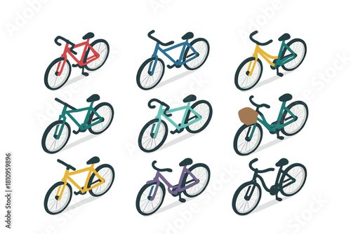 Colorful isometric bicycles with diverse frame styles and accessories