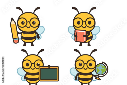 Set of cute cartoon bees with school supplies and educational items