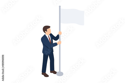 Businessman holding white flag on flagpole in isometric view