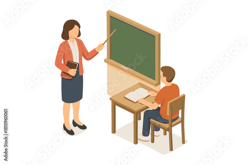 Isometric view of teacher instructing student at desk with chalkboard