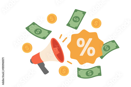 Megaphone announcing sale discount with flying money and gold coins
