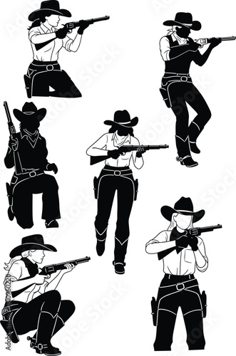 cowgirl rifle silhouette, western female shooter, wild west pose, gun aim, cowboy hat, boots, vector action illustration