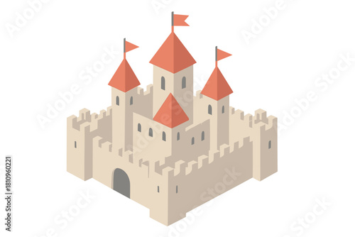 Isometric medieval castle with red turret roofs and waving flags