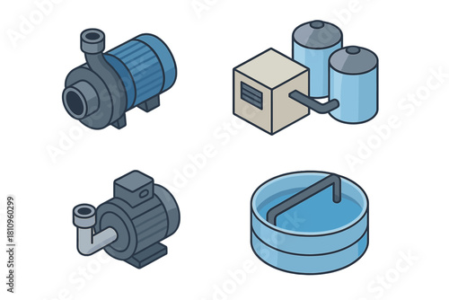 Isometric icons representing water treatment and fluid handling industrial machinery