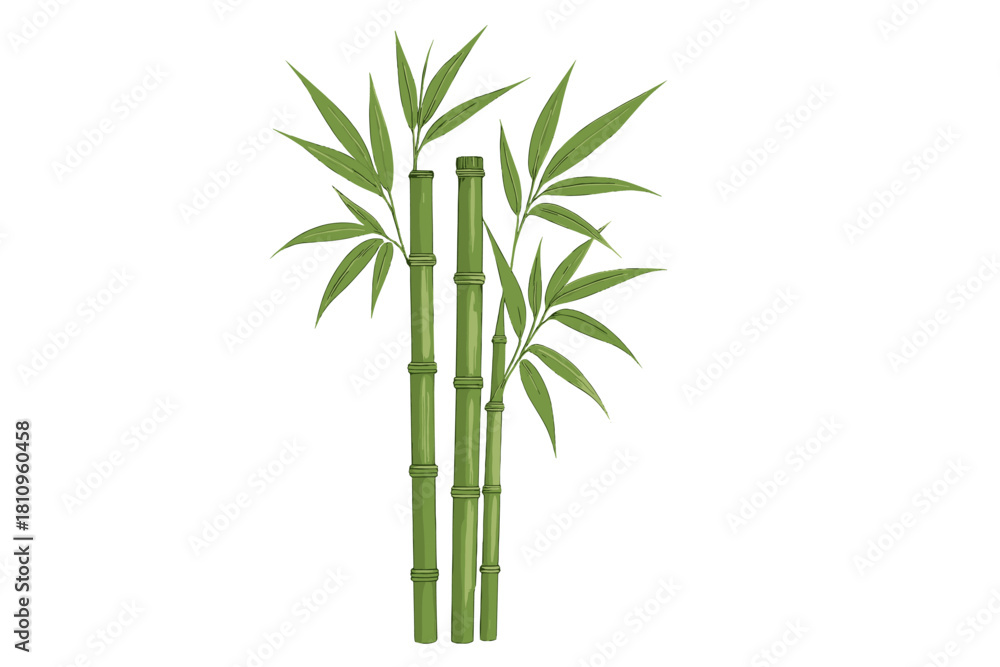 Fototapeta premium Several vibrant green bamboo stalks with detailed leaves isolated on white background