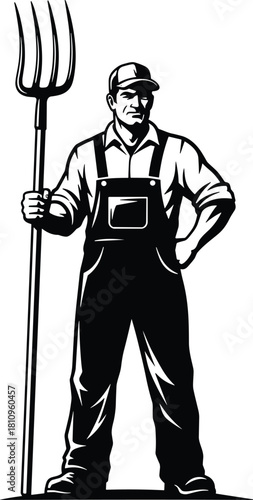 Farmer silhouette, pitchfork man, rural worker, agriculture icon, bold vector, confident stance, cad drawing flat vector illustration