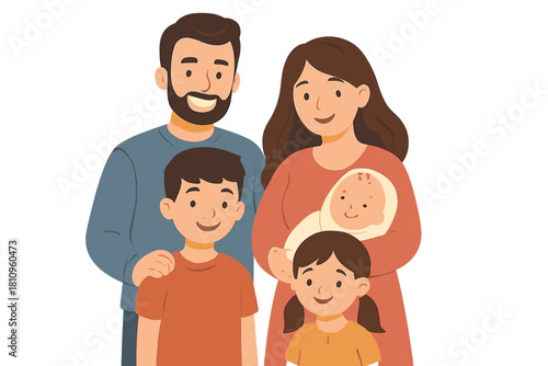 Happy family portrait with father mother two children and newborn baby