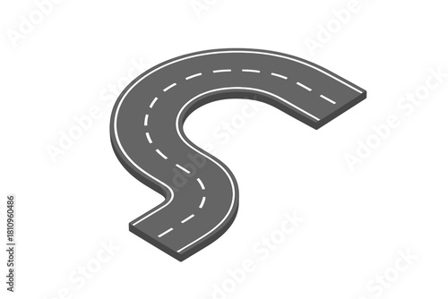 Isometric S-curve road segment with dashed white lane markings
