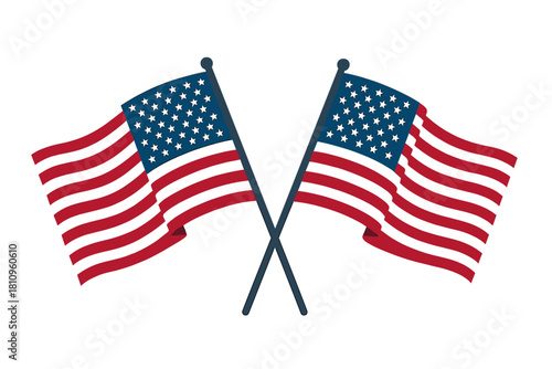 Two Waving American Flags Crossed on Poles Isolated on White Background