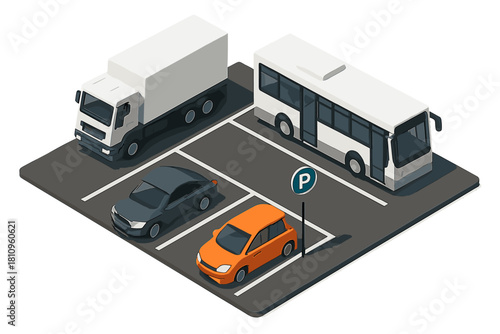 Isometric parking lot with truck, bus, and several automobiles