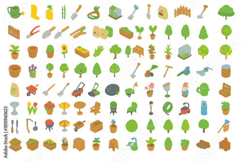 Isometric icons set of gardening tools plants and landscape equipment