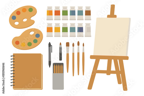 Essential art supplies including easel, paints, brushes, and sketchbook for creation