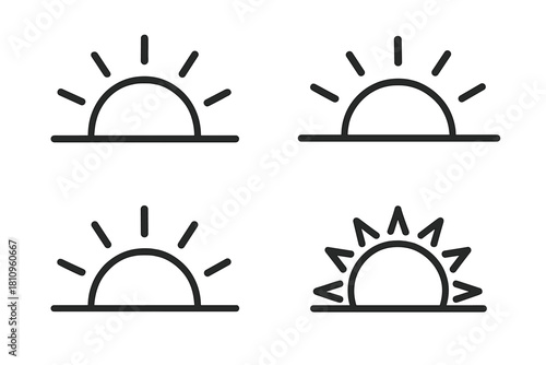 Four minimalist line icons representing sun rising or setting over horizon