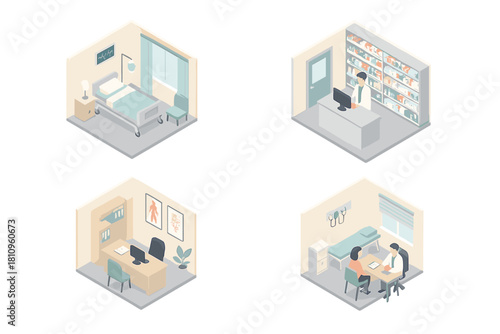 Isometric set of hospital rooms and pharmacy scenes for medical facility design