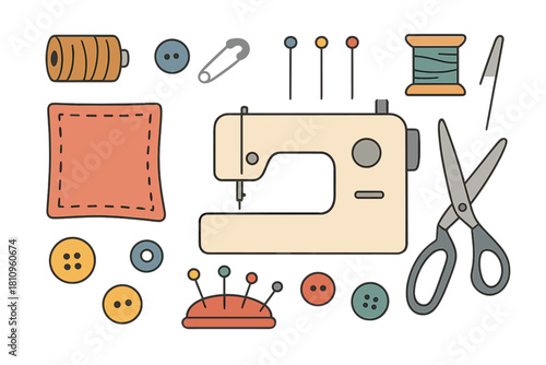 Collection of sewing machine and crafting supplies flat design elements