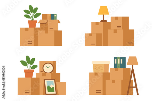 Cardboard moving boxes stacked with household items for relocation and storage