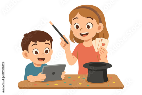 Children learning magic tricks using tablet and top hat