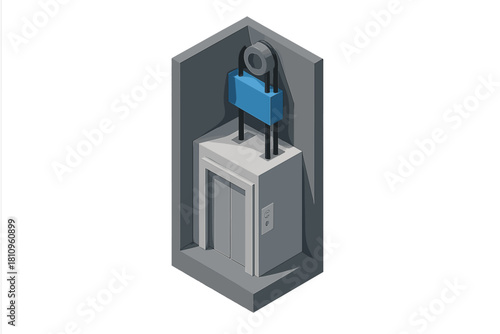 Isometric cutaway view of elevator shaft machinery and car mechanism