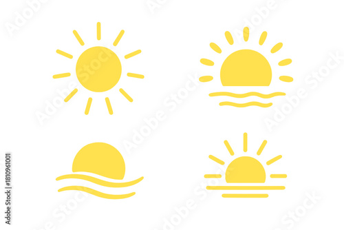 Stylized yellow sun and sunrise icons set on a clean white background