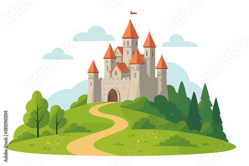 Fairytale castle on green hill with winding path and trees