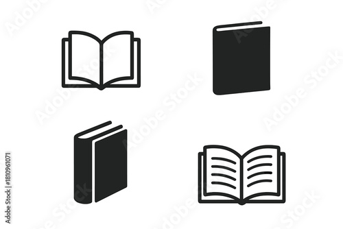 Four black and white book icons in various perspectives and styles