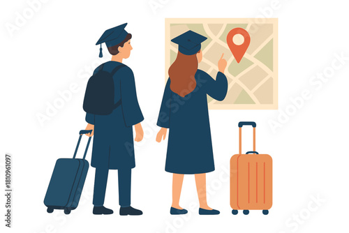 Young graduates planning future travel route on large map with luggage