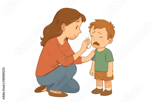 Mother comforting crying child with gentle touch and empathy