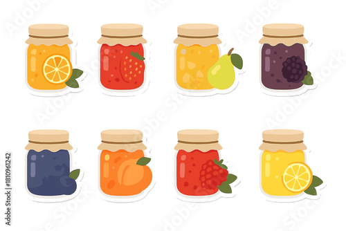 Assorted fruit jam jars stickers featuring fresh fruit icons