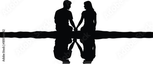 Silhouette couple sitting on dock, romantic moment, emotional connection, water reflection, love scene, peaceful mood, black and white art, cad drawing flat vector illustration