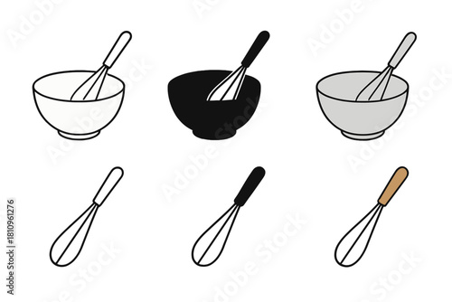 Assortment of kitchen mixing bowls and whisks in outline and filled styles
