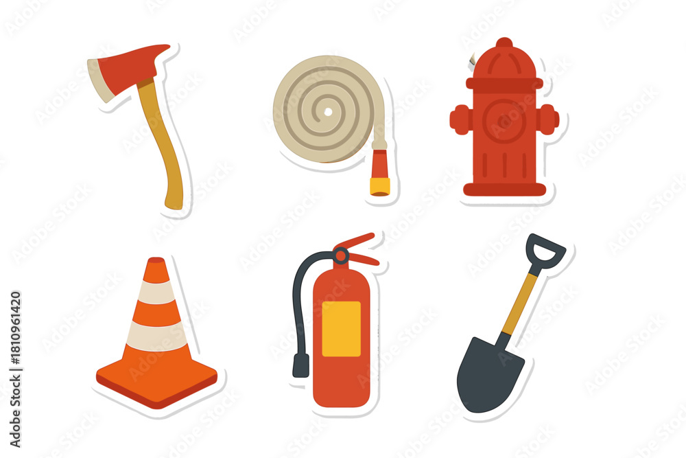 Obraz premium Colorful flat icons representing essential firefighting and safety tools