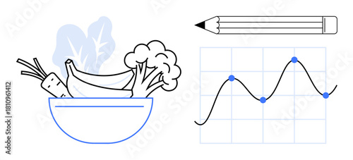 Bowl of vegetables and fruits including carrots, bananas, broccoli, pencil, and line graph. Ideal for nutrition, wellness, meal planning, data tracking healthy living progress tracking simple flat