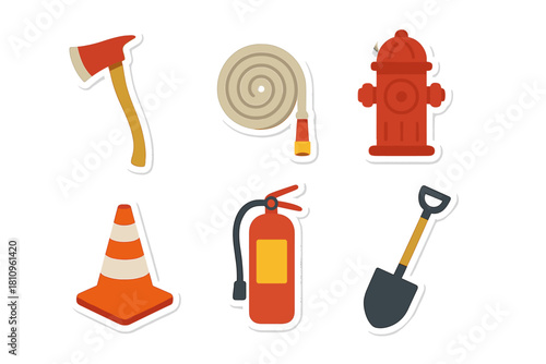 Colorful flat icons representing essential firefighting and safety tools