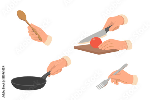 Hands preparing food ingredients with various cooking utensils