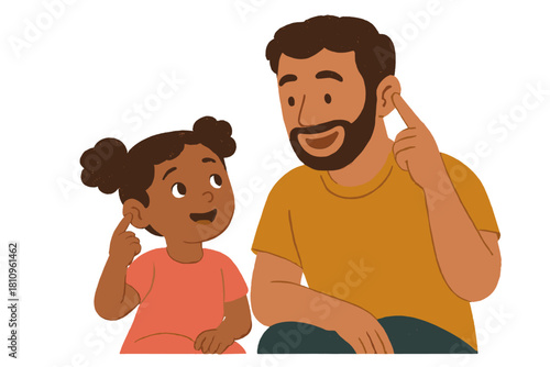 Father and daughter pointing to ears demonstrating listening and hearing