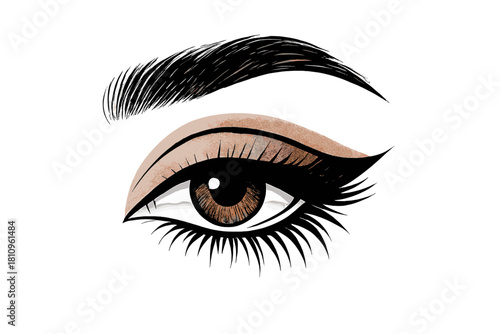 Stylized brown eye with dramatic makeup and thick sculpted eyebrow