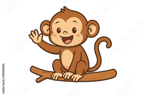Cheerful baby monkey character sitting on a tree branch and waving hello