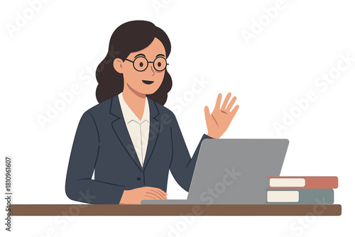 Businesswoman waving during video conference call with laptop and books
