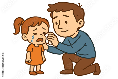 Caring father wipes tears from face of upset crying child